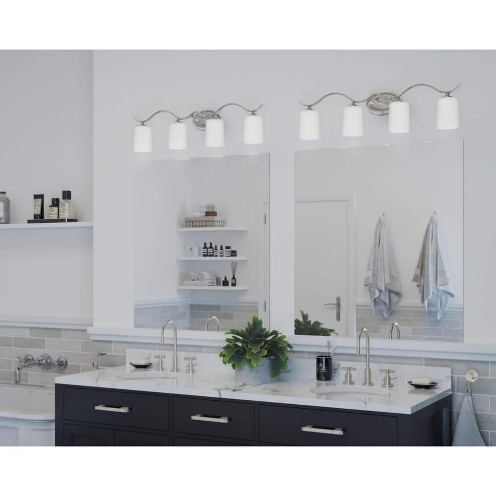 Brushed Nickel 4-Light Bathroom Vanity Fixture with Etched Glass Shades