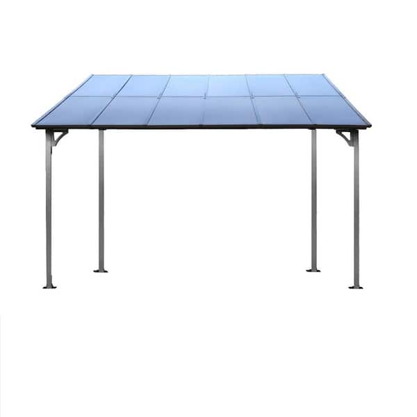 10 ft. x 12 ft. Gray Large Heavy Duty Outdoor Wall-Mounted Lean-to Metal Awning Pergola Gazebo with Roof