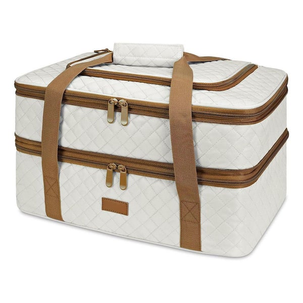 Beige Quilted Insulated Double Casserole Carrier Set Thermal Lunch Tote for Potluck Picnic Beach Baking Dish