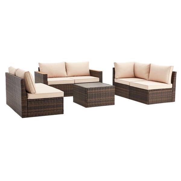 Unbranded Brown Frame 7-Piece Wicker Outdoor Sofa Sectional Set with Khaki Cushion, Patio Furniture Exclusive Quick Install