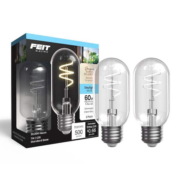 60W Equiv. T14 Dimmable Spiral White Filament Clear Glass E26 Vintage Edison Tubular LED Light Bulb, Daylight (2-Pack)