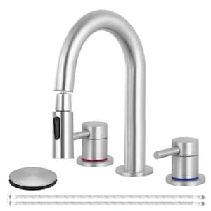 Bathroom Faucet with Pull Out Sprayer 3 Holes 8 in. 2 Handle, Vanity Faucet with Pop-Up Drain and Supply Hoses, Nickel
