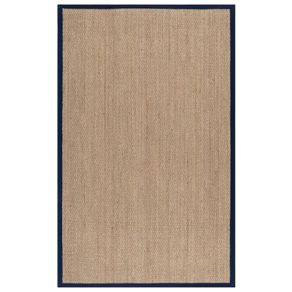 Natural Fiber 5 ft. x 8 ft. Natural/Navy Blue Abstract Solid Border Area Rug
