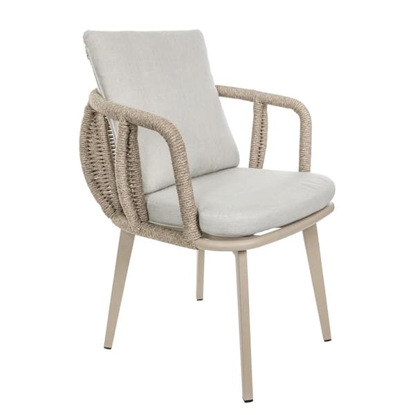 Beige Hand-Woven Rope Aluminum Outdoor Dinning Chairs With Gray Back Cushion And Seat Cushion (8-Pack)