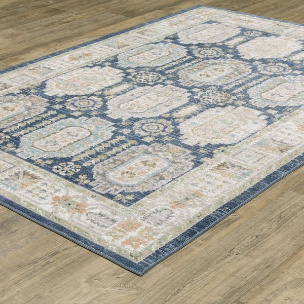 Claire Blue/Gold 8 ft. x 11 ft. Oriental Medallion Distressed Polypropylene-Polyester Blend Indoor Area Rug