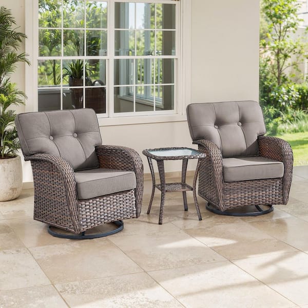 TWrap Brown 3-Piece Wicker Swivel Rocker Patio Conversation Set with 5 in. Thick Gray Cushions and Side Table