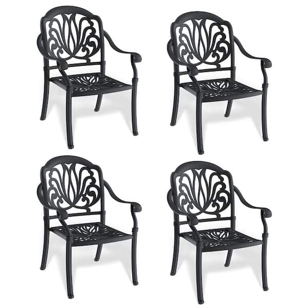 Cast Aluminum Outdoor Patio Dining Chair 4PCS with Black Frame and Brown Cushions