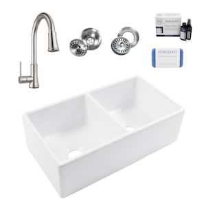Bradstreet II 33 in. Farmhouse Apron Front Undermount Double Bowl White Fireclay Kitchen Sink with Pfirst Faucet Kit