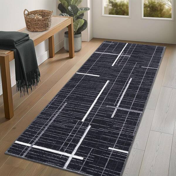 Striped Bedside Rug Foldable Geometric Print Carpet Soft Thin Carpet for Living Room Laundry Room Black，2x6ft