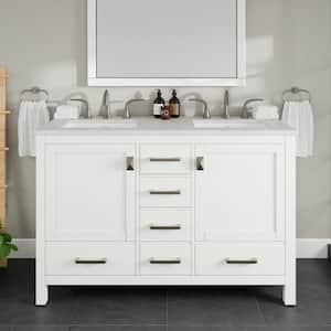 Aberdeen 48 in. W x 22 in. D x 34 in. H Double Sink Freestanding Bath Vanity in White with White Carrara Quartz Top