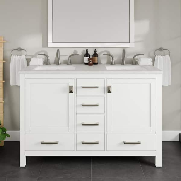 Aberdeen 48 in. Double Sink White Bath Vanity with White Carrara Quartz Top (Assembled)