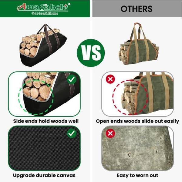 Angel Sar Black Spacious Canvas Tote Bag for Indoor Fireplace, Outdoor Woodpile Organization & Efficient Firewood Hauling