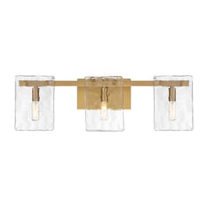 Genry 25 in. 3-Light Warm Brass Bathroom Vanity Light with Clear Rippled Glass Panes