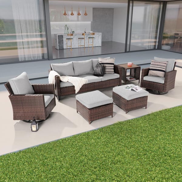 Sonkuki 6-Piece Patio Conversation Set Brown Wicker with Swivel Rocking Chair and Side Table, Linen Grey
