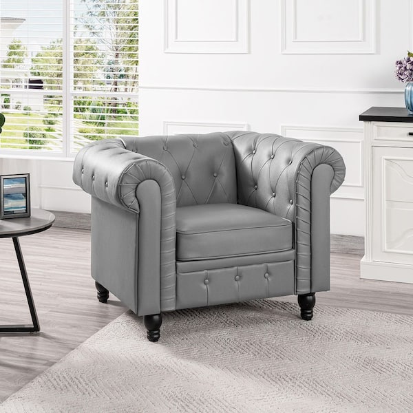 HOMESTOCK 44 in. Mid-Century Gray Faux Leather Chesterfield Arm Chair with Solid Wooden Legs