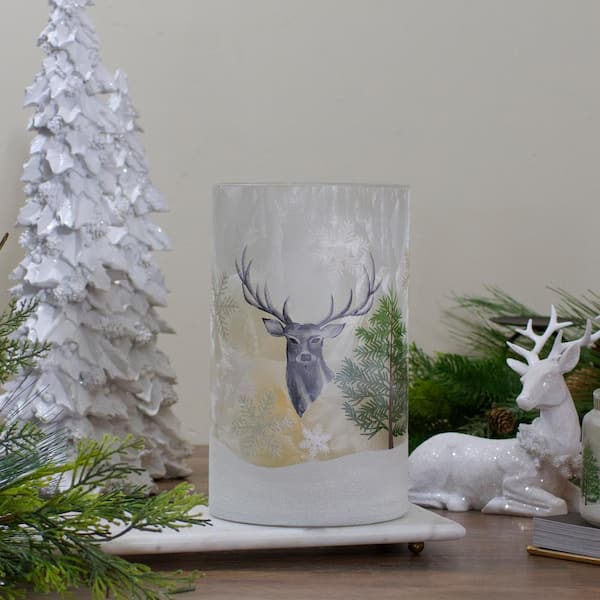 10 in. Gray Deer Pine and Snowflakes Hand Painted Flameless Glass Christmas  Candle Holder