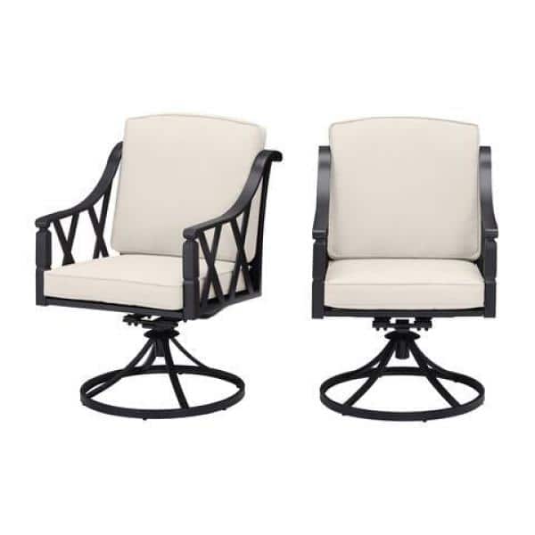 Hampton Bay Harmony Hill Black Steel Outdoor Patio Motion Dining Chairs with CushionGuard Almond Tan Cushions (2-Pack)