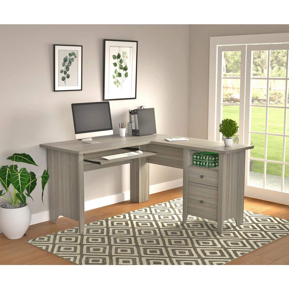 Luxe Gray Smoke Oak L-Shaped Computer Desk with Storage