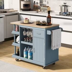 Gray Blue Wood 40 in. Kitchen Island with Wine Rack and Adjustable Storage Shelves