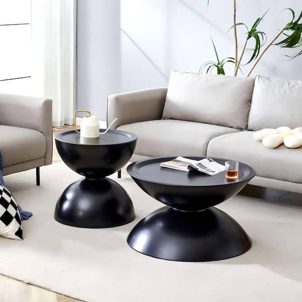 J&E Home 27.55 in. Round Black Sleek Marble-Look Top Coffee Table with 2-Pieces