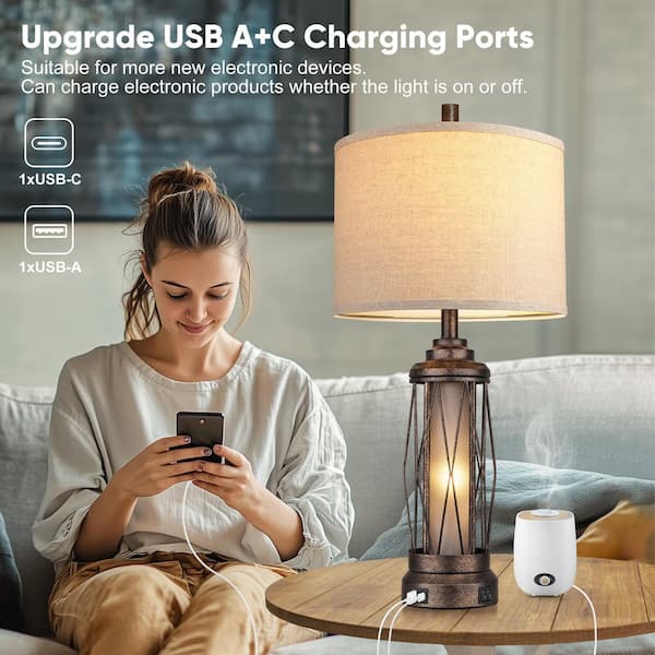 26 in. Farmhouse Frosted Glass Table Lamps with Beige Fabric Shade, Black Rustic Bedside Lamp for Bedroom with USB Ports