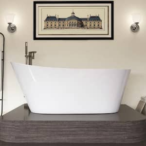 59 in. x 29.1 in. Acrylic Flat Bottom Free Standing Bathtub Oval Freestanding Soaking Bathtub with Side Drain in White