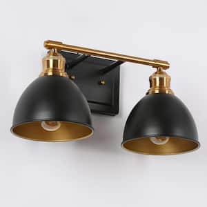 15.5 in. Modern 2-Light Black Bathroom Vanity Light, Industrial Bath Lighting Brass Gold Wall Sconce