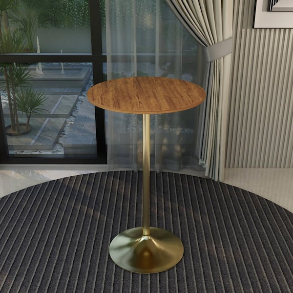 Leisuremod Round 27 in. Bar Height Dining Table with MDF Top and Gold Steel Pedestal Base Verve Series in Cognac Brown