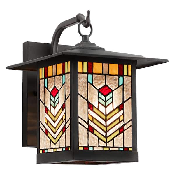 McClain 1-Light Balck Outdoor Hardwired Stained Glass Wall Lantern Sconce