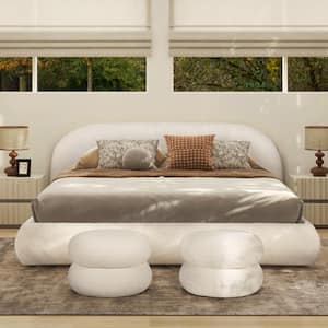 Archie White Wood Frame King Puffy Grounded Upholstered Platform Bed in Almond White Chenille