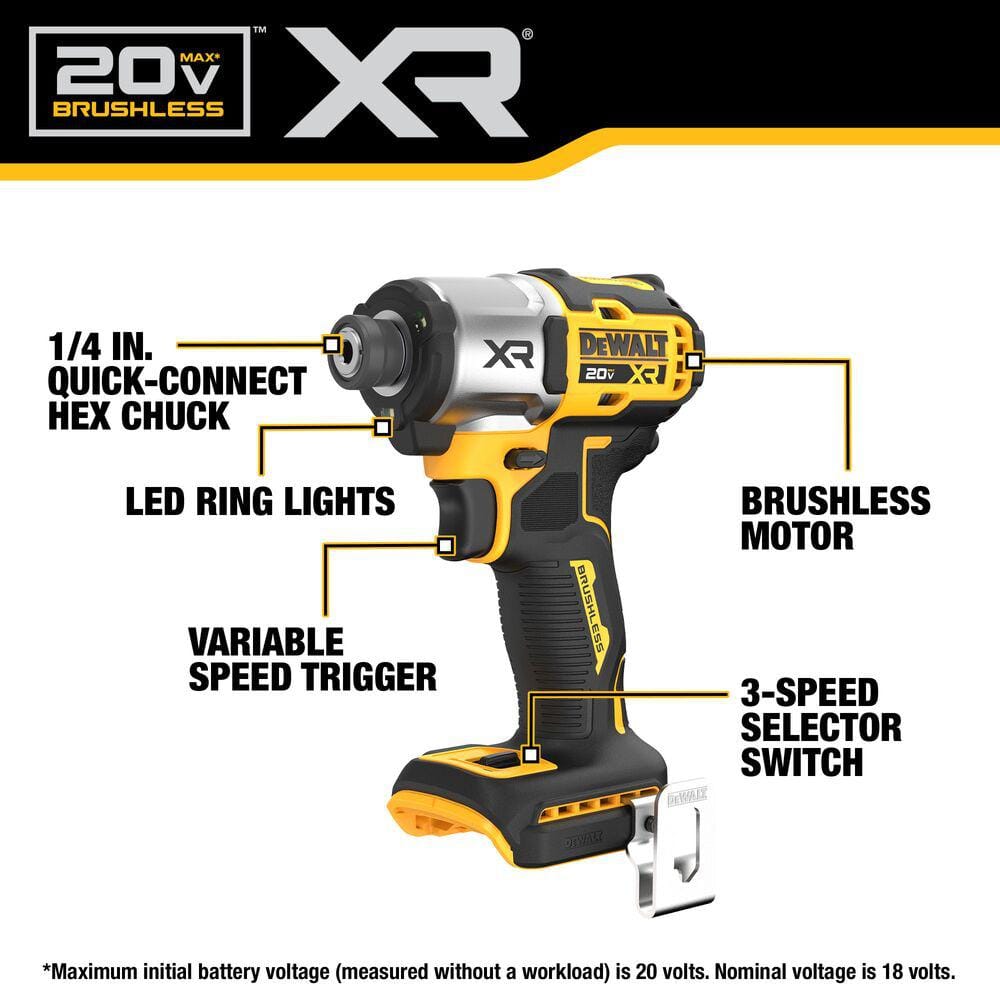 DEWALT 20V MAX XR Cordless Brushless 1/4 in. 3-Speed Impact Driver (Tool-Only) DCF845B