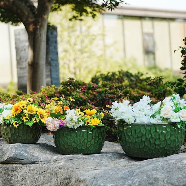 Set of 3 7.5 in. Antique Green Ceramic Flowerpot-Round Modern Planter with Drainage Hole, Frost and Weather Resistant