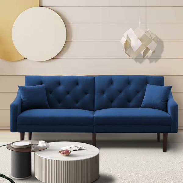 Uixe Modern Velvet Square Arm Convertible Futon Sofa Bed in Blue with 2-Pillows
