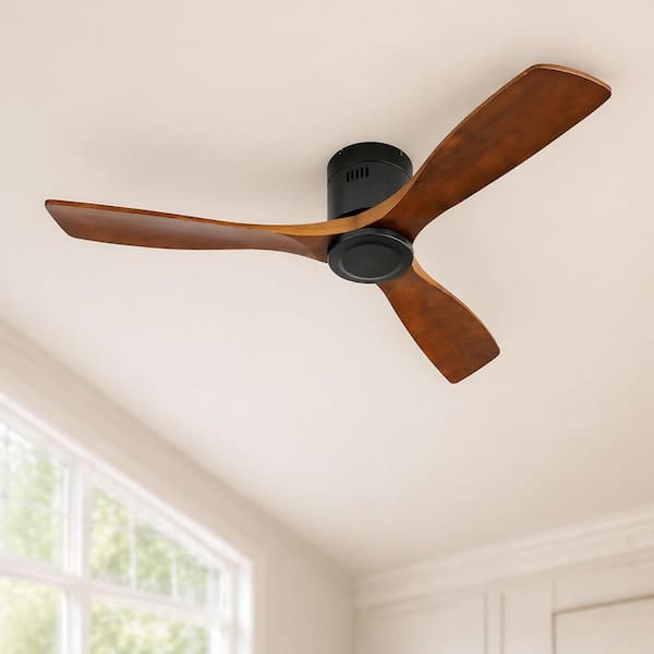 52 in. Indoor Flush Mount Walnut Solid Wood Blades Standard Ceiling Fan with Remote 6-Speed, DC Motor Reversible