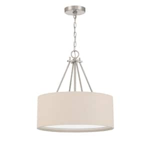 Duke 60-Watt 3-Light Brushed Nickel Finish Dining/Kitchen Island Pendant w/ Beige Fabric Shade, No Bulbs Included