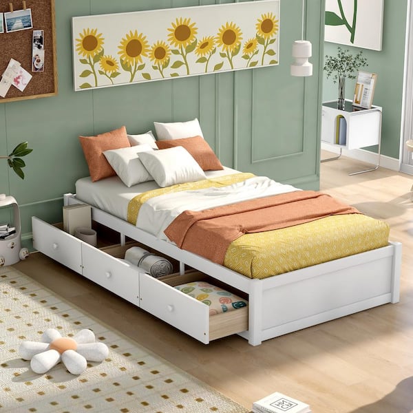 Harper & Bright Designs White Wood Frame Twin Size Platform Bed with 3 Drawers