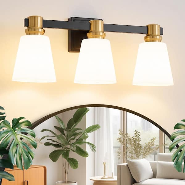 22.05 in. 3-Light Black and Gold Vanity Light with Frosted Glass Shade, Suitable for Bathroom Living Room etc. Dimmable