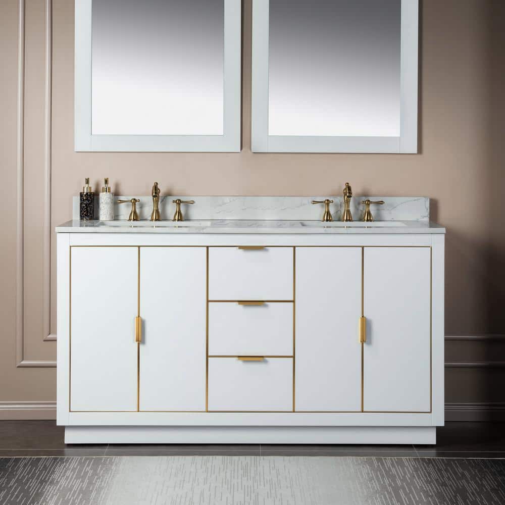 WOODBRIDGE Venice 61 in. W x 22 in. D x 38 in. H Bath Vanity in White with Fish Belly Engineered