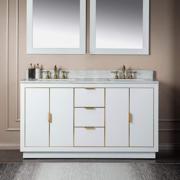 WOODBRIDGE Venice 61 in. W x 22 in. D x 38 in. H Bath Vanity in White with Fish Belly Engineered stone Top with White Basin