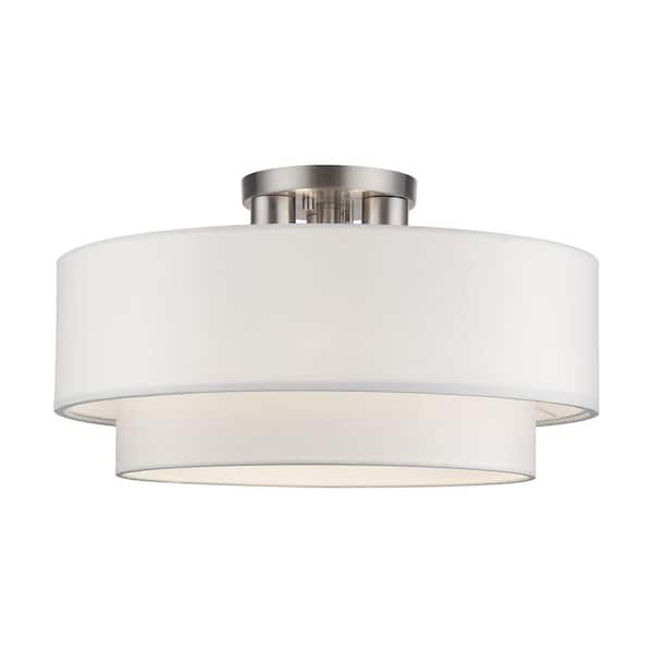Livex Lighting Manorwood 3-Light Brushed Nickel Semi Flush Mount with Off-White Fabric Shade