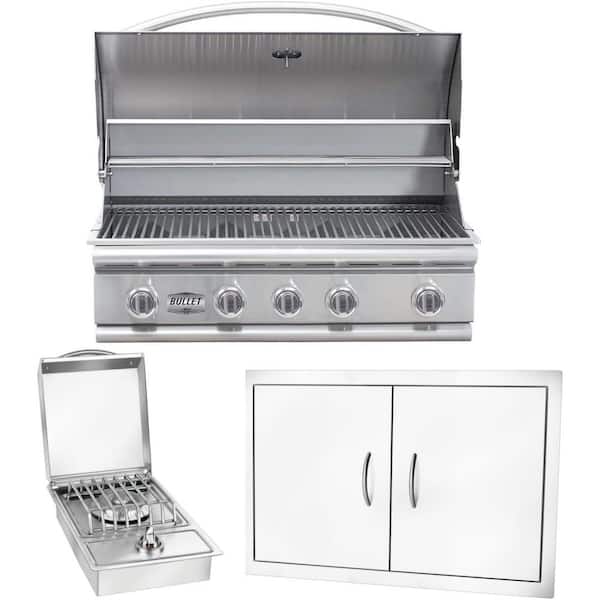 Bullet Series 5-Burner Built-In Liquid Propane Grill 38 in Stainless Steel with Double Access Door and Side Burner