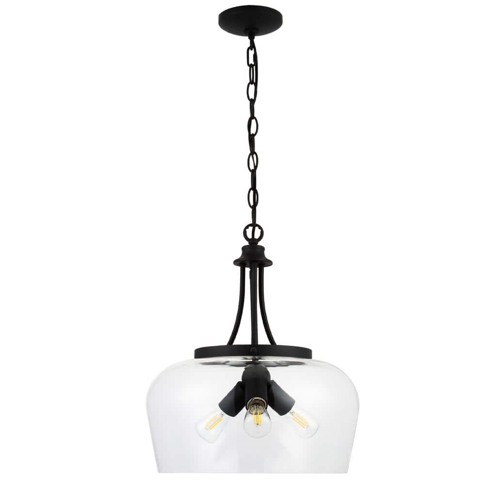 Matte Black 3-Light Dome Pendant with Glass Shade