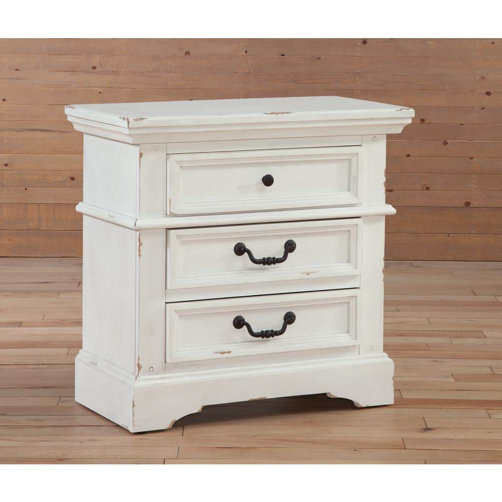 Stonebrook Antique White 3-Drawer Transitional Rustic Nightstand