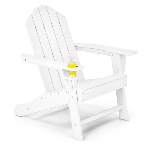 Clihome White Outdoor Adirondack Chair with Built-in Cup Holder for Backyard and Porch