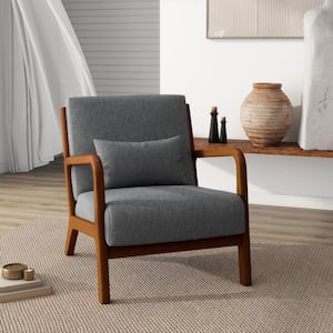 Mid-Century Gray Linen Upholstered Accent Arm Chair with Light Walnut Color Rubber Wood Frame (Set of 1)