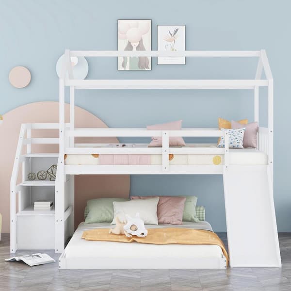White Twin Over Full House Bunk Bed, Princess Bunk Bed With Slide And Stairs