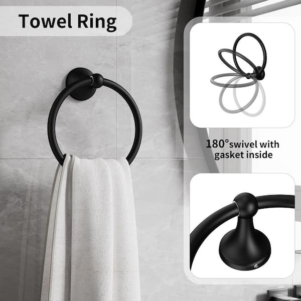 4-Piece Rectangular Bathroom Hardware Set, Bathroom Accessories with 24 in. Towel Rack Bar, Ring, Holder, Hook in Black