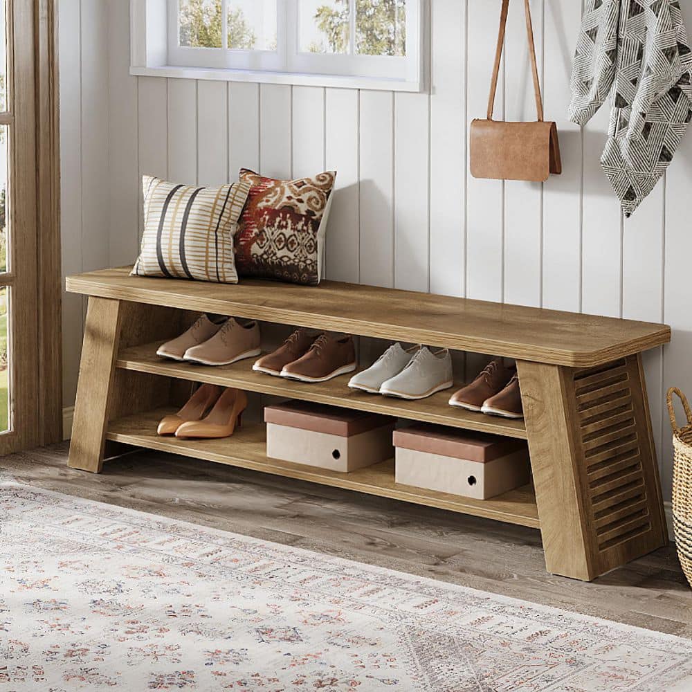 BYBLIGHT 47 in. Natural Brown MDF Rustic Entryway Shoe Bench with