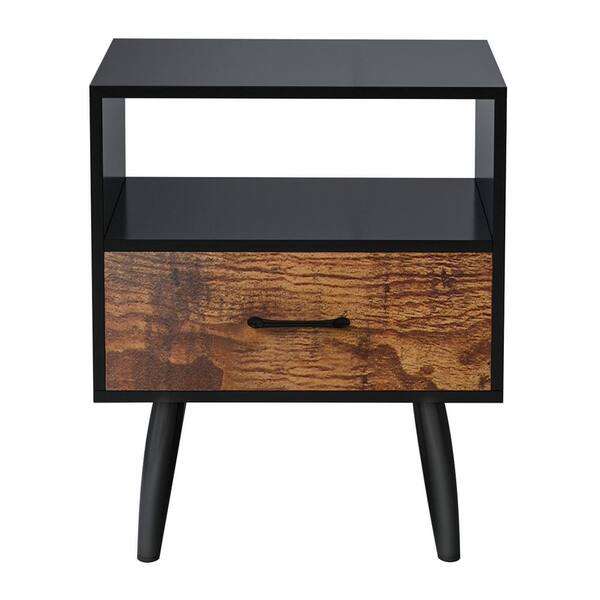 1Drawer Black Wood Nightstand With Open Shelf and Solid Wood Legs