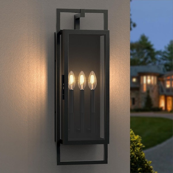 Black Dusk Outdoor Decorators 27 in. Lantern Sconce with No Bulbs Included Sand to Dawn 3-Light Hardwired Wall